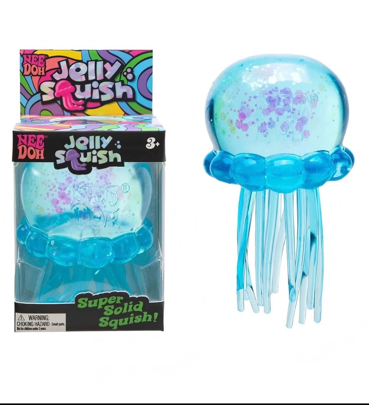 SquishStudio NEE DOH Jelly Squish blue translucent jellyfish sensory toy with glitter and dangling tentacles