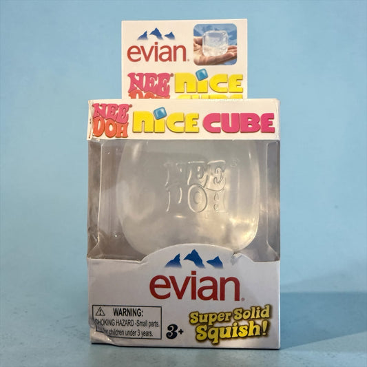 SquishStudio evian Nee Doh Nice Cube clear sensory fidget toy in its original branded display packaging