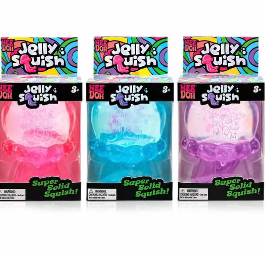 SquishStudio NeeDoh Jelly Squish jellyfish sensory toys in pink, blue, and purple translucent glitter designs.
