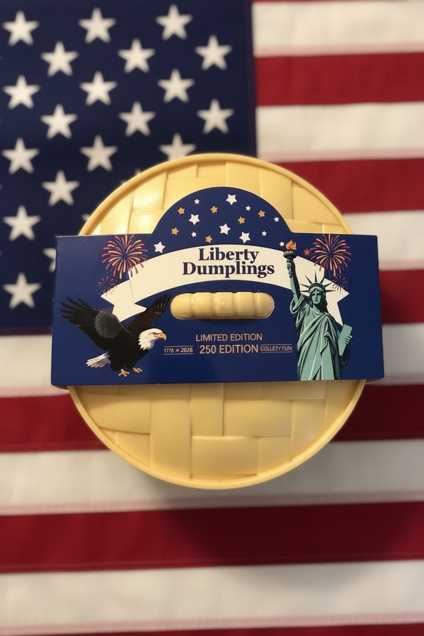 SquishStudio Liberty Dumplings 250 Edition collectible toy set in a yellow steamer box against a US flag background.