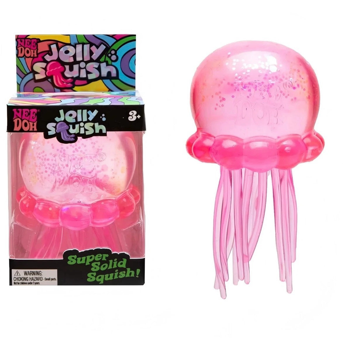 SquishStudio NEE DOH Jelly Squish pink translucent jellyfish sensory toy with glitter and dangling tentacles