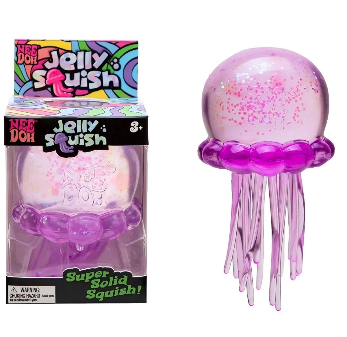 SquishStudio NeeDoh Jelly Squish purple translucent jellyfish sensory toy with glitter and dangling tentacles